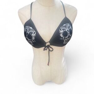 Hot Topic Black Silver Glitter Sugar Skull Triangle Bikini Top Cross Back Large